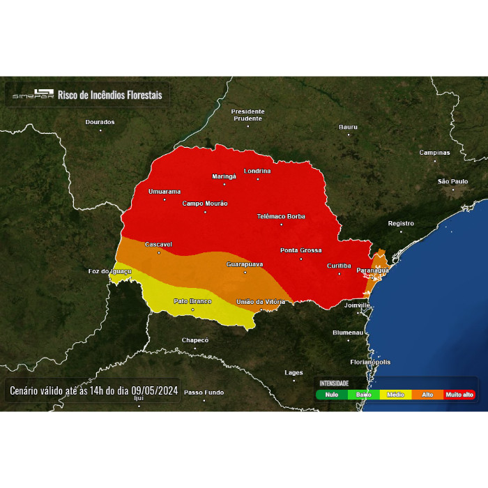 Mapa com risco de incêndio nas próximas 24 horas. 
